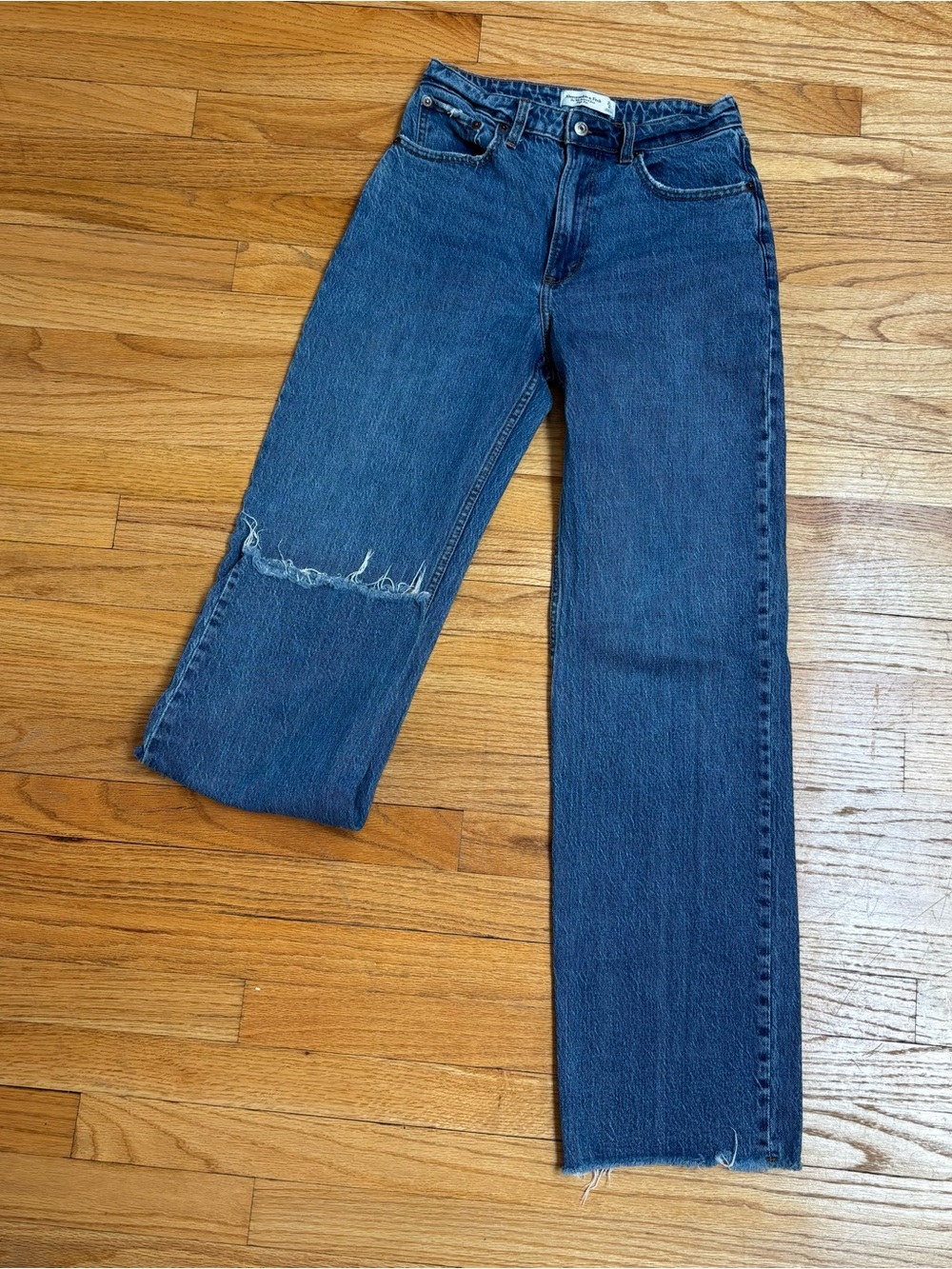 Abercrombie & Fitch Distressed Straight-Leg Jeans - Deep Denim Blue
